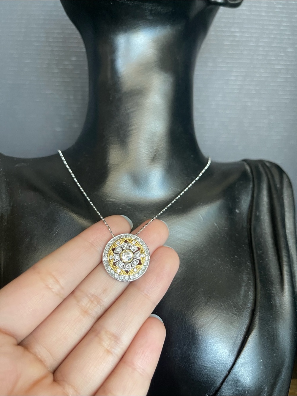Two tone silver gold circular cz pendant necklace